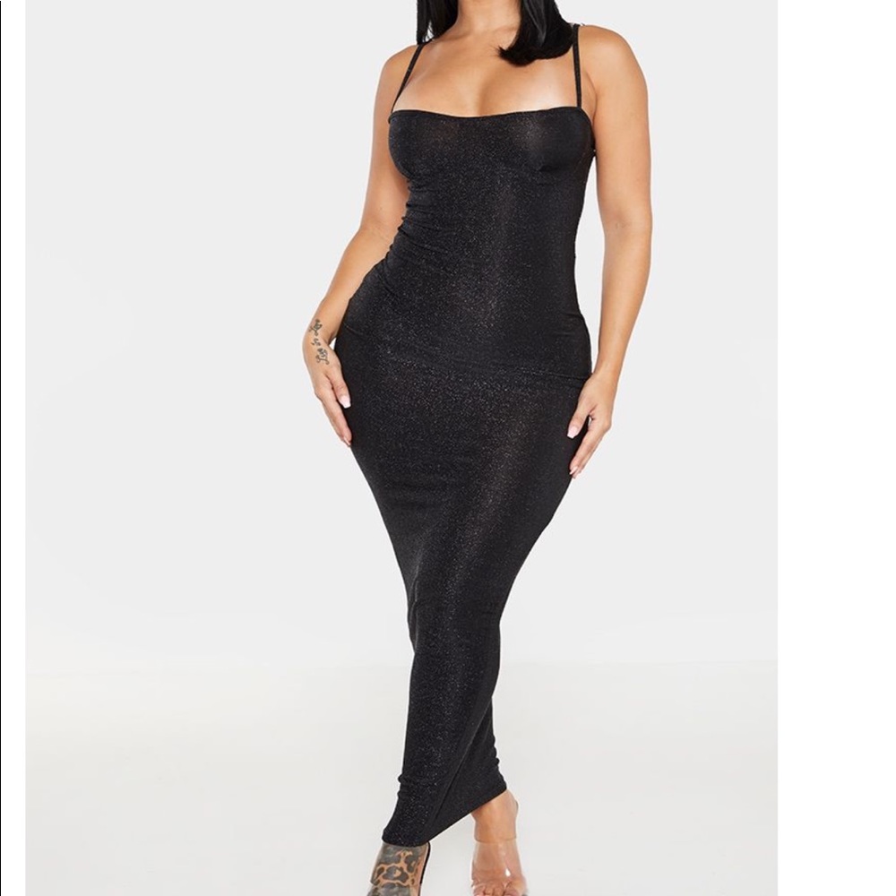 Black Glitter Skinny Strap Cup Detail Midaxi Dress